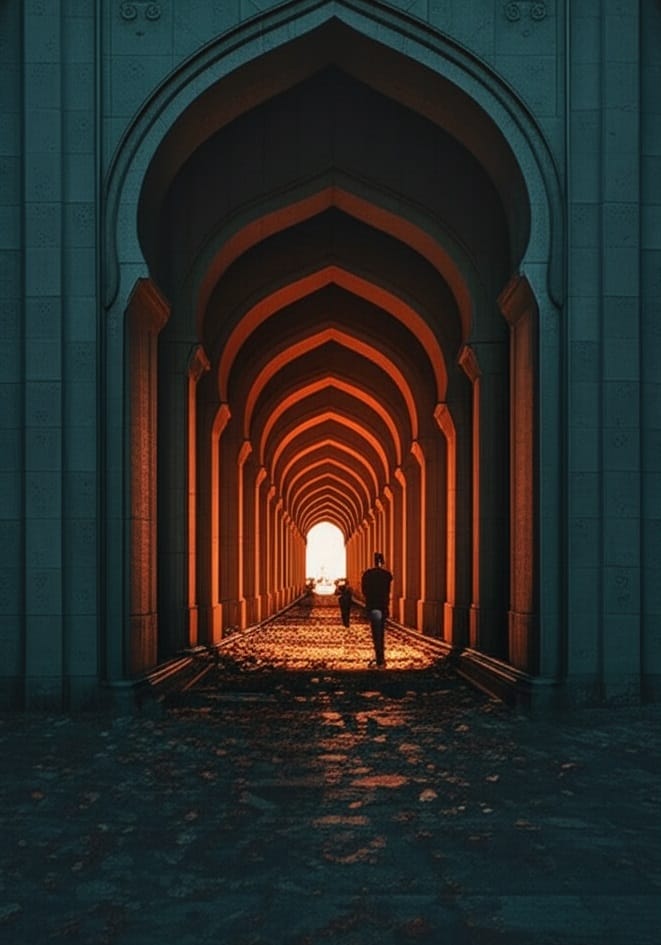 A long arched hallway symbolizing the spiritual journey supported by our Islamic courses and books.