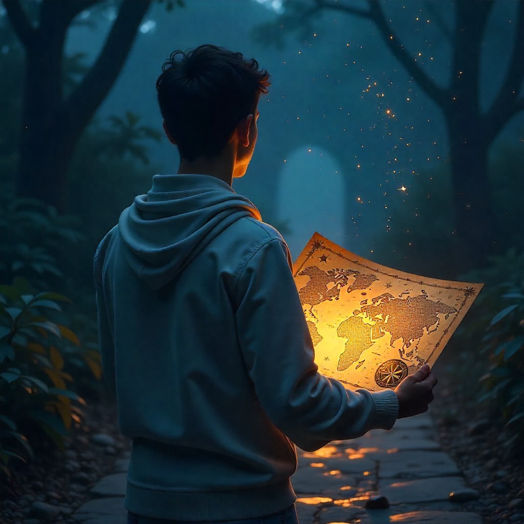 A young man on a journey of uncovering his unique talents, holding a glowing treasure map that symbolizes his divine purpose.