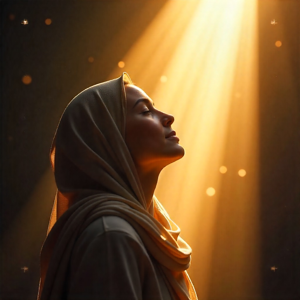 A Muslim woman in a hijab peacefully receiving divine light, representing the spiritual guidance of the Living for Allah podcast.
