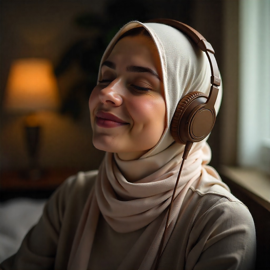 A Muslim woman in a hijab listens peacefully to The Divine Purpose podcast on her headphones, smiling with her eyes closed in a moment of spiritual reflection.