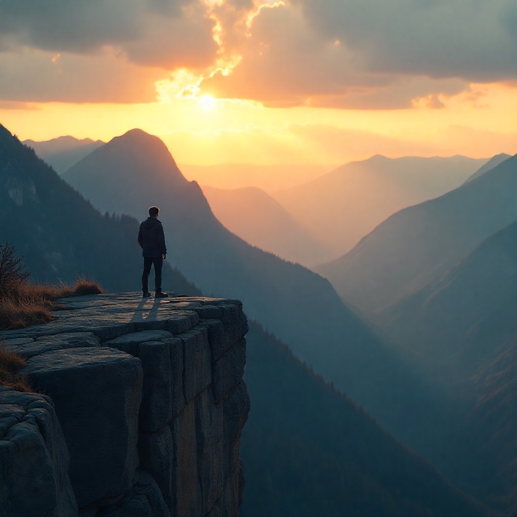 A person stands on a mountain cliff at sunrise, looking over vast valleys, representing the journey of finding meaning in Islam.