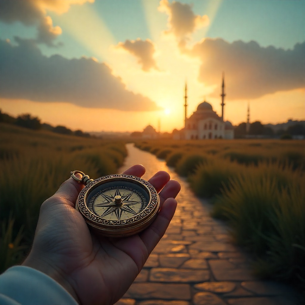 A compass pointing towards a light, symbolizing the search for the purpose of life in Islam.