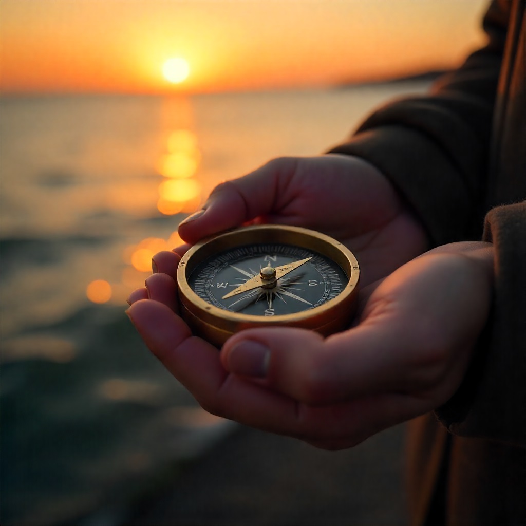 Hands gently holding a vintage compass with the needle pointing towards a sunrise over the sea, symbolizing the soul's innate guidance in Islam.