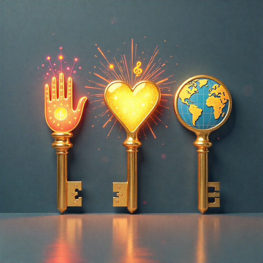An illustration of the three golden keys for uncovering your unique talents: a hand representing skills, a glowing heart for passion, and a globe for service.