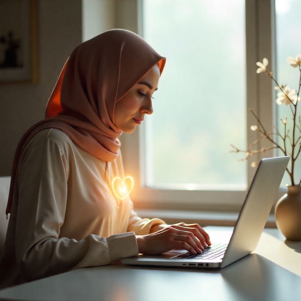 An artistic image answering the question of what is Ibadah in Islam, showing a Muslim woman whose pure intention (a glowing heart) turns her daily work into worship.
