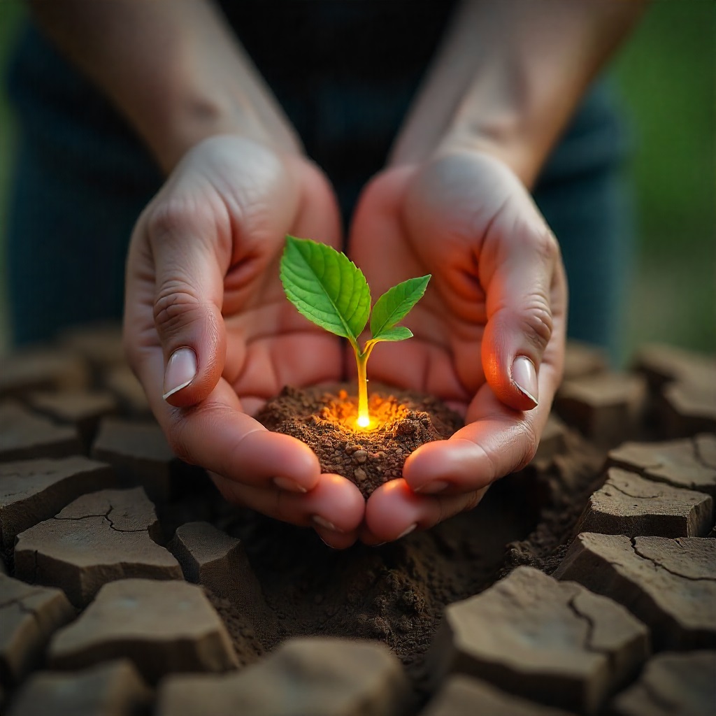 A pair of hands gently holding a small plant with a glowing root in a cracked, dry earth. The image symbolizes planting a God-given talent to fulfill the world's needs, representing one's Islamic mission statement.