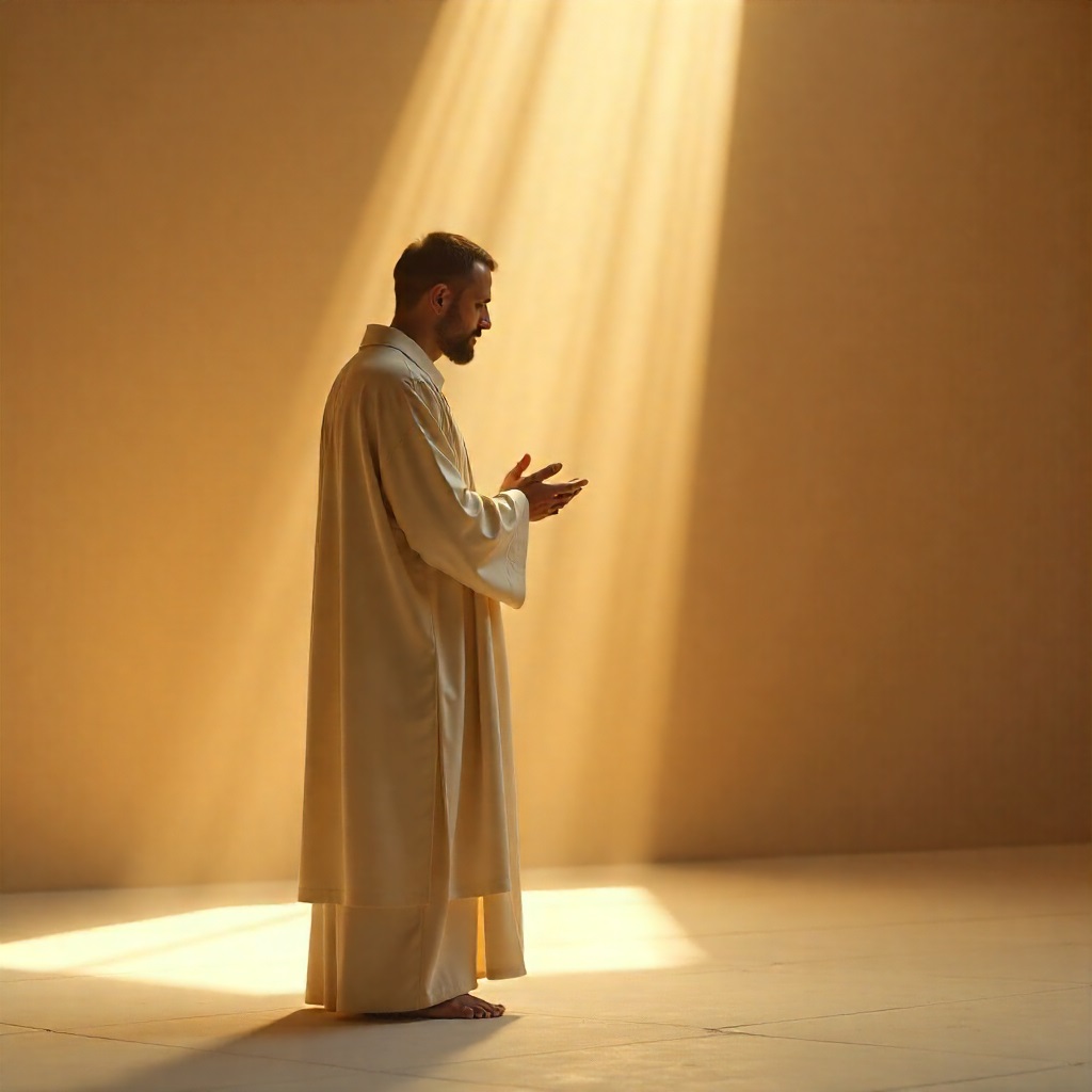 A man in humble Islamic attire standing in a room, receiving a beam of divine light with open hands, symbolizing the concept of Tawakkul (trust in Allah) and being a vessel for divine purpose.