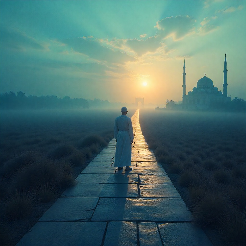 A solitary figure in Islamic attire walking on a stone path towards a mosque at sunrise, symbolizing the journey to divine purpose and an Islamic mission statement.