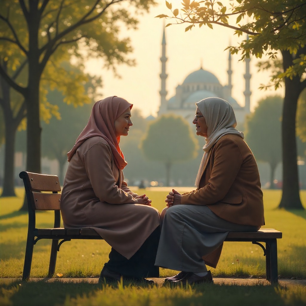 A young Muslim woman in a hijab kindly listens to an elderly woman on a park bench, with a mosque in the background, symbolizing compassionate service as a form of worship.

