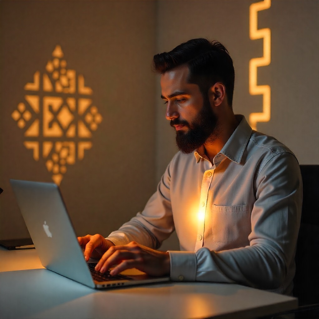 A focused Muslim man working on a laptop, with a glowing light from his chest symbolizing sincere intention (Niyyah) transforming work into worship. Islamic patterns on the wall.

