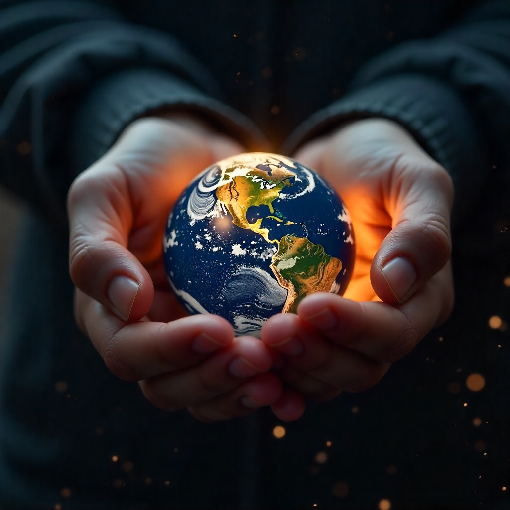 Hands gently cupping a glowing miniature Earth, symbolizing stewardship and listening to the call of need.